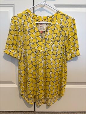 Anthropologie Yellow Lemon-Print Short Sleeve V-Neck Blouse